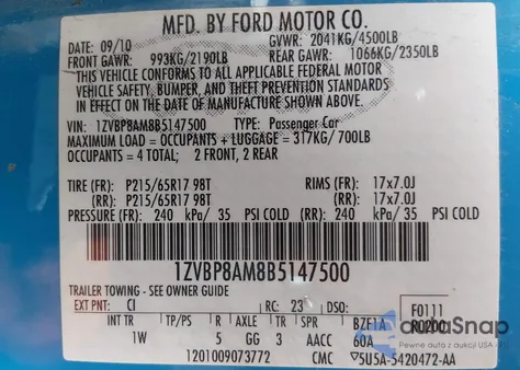 2011 Ford Mustang V6 z USA, uszkodzony, nr VIN 1ZVBP8AM8B5147500